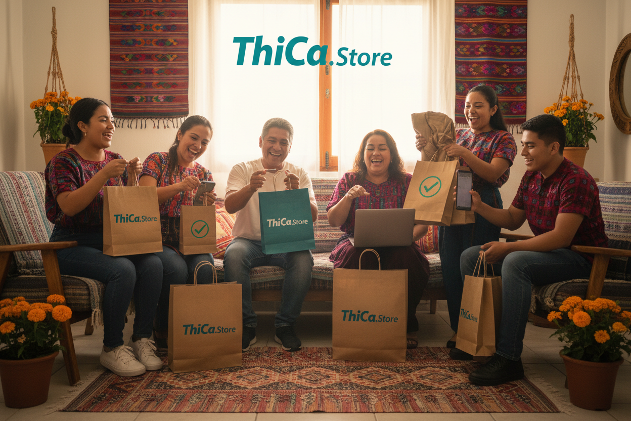 quiero que generes una imagen y que esa imagen transmita lo que son las compras online en Guatemala, que salgan personas (Hombres y mujeres) muy felices de haber comprado, que genere confianza y que en las bolsas de compras diga ThiCa.Store