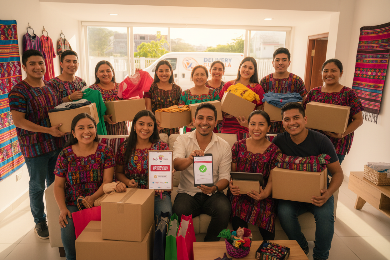 quiero que generes una imagen y que esa imagen transmita lo que son las compras online en Guatemala, que sangan personas (Hombres y mujeres) muy felices de habr comprado, que genere confianza